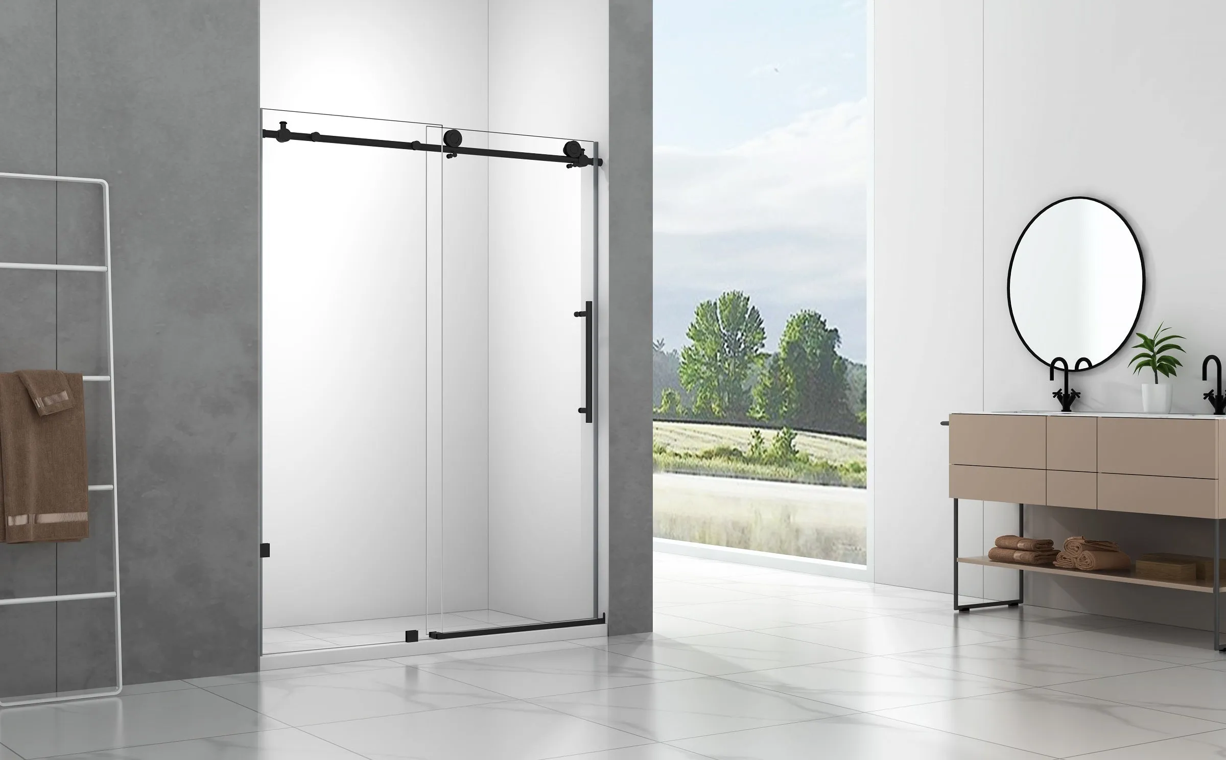 65 x 75 in. Frameless Sliding Shower Door with Black Hardware