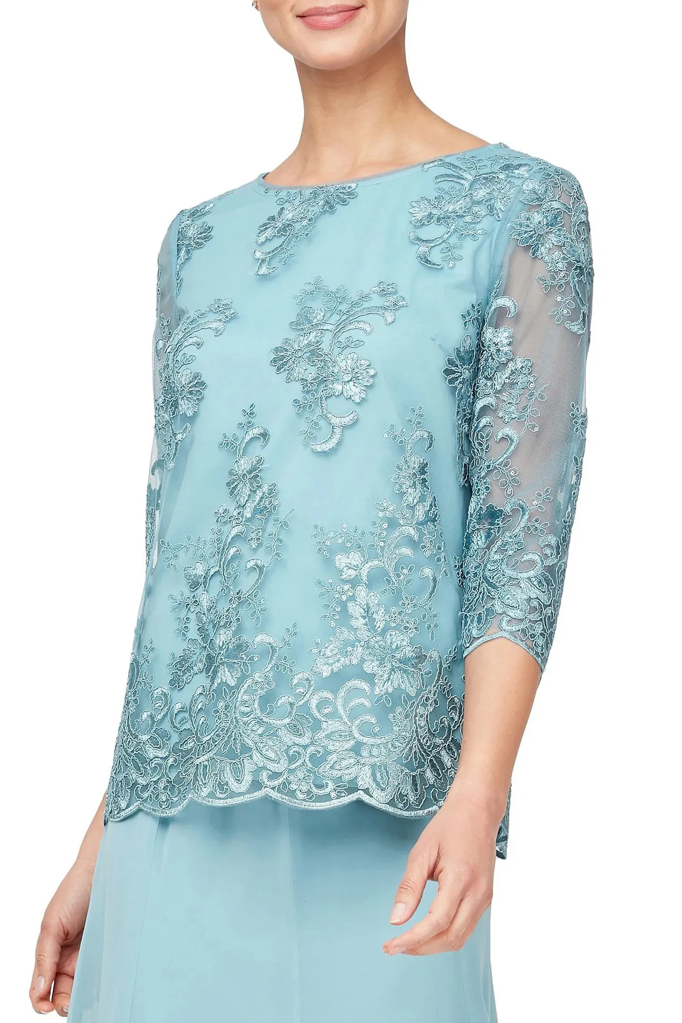 Alex Evenings 3/4 Sleeve Crew Neck Embroidered Scallop Hem Blouse