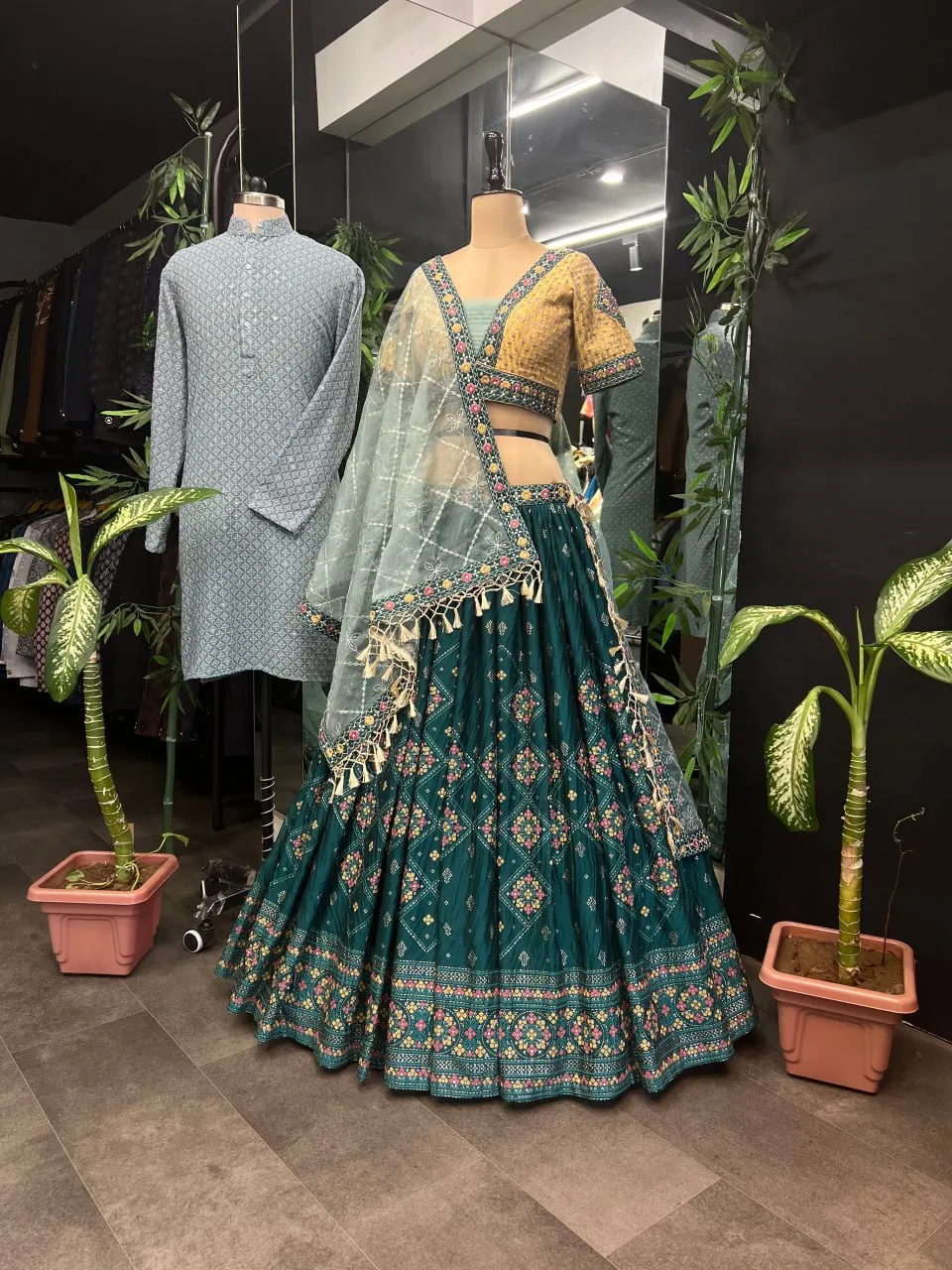 Aqua Green Full Stitched Lehenga Choli Set with Heavy Foil Print and Embroidery Work with Men Kurta Combo