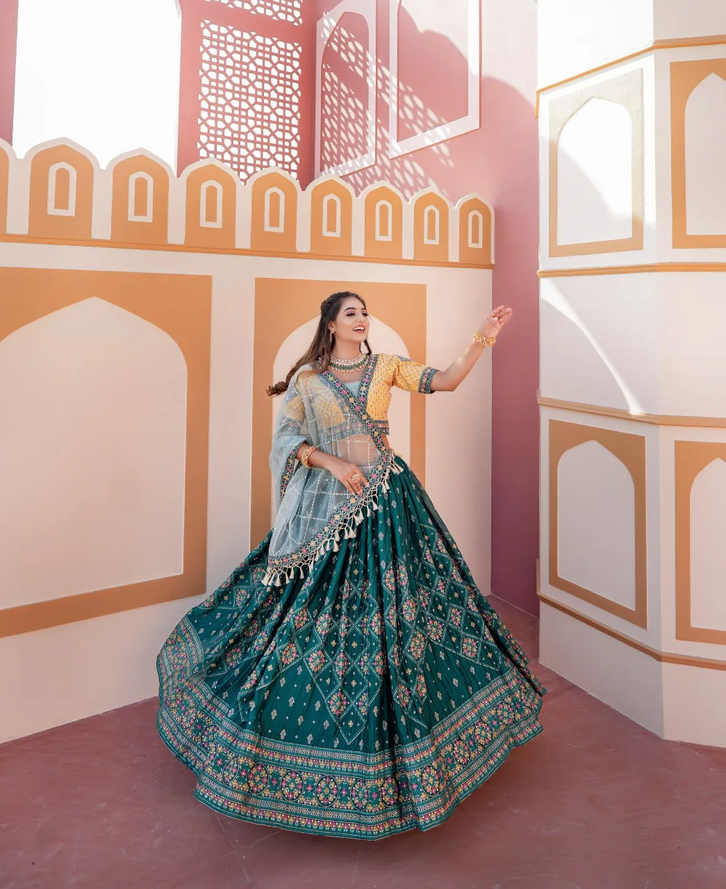 Aqua Green Full Stitched Lehenga Choli Set with Heavy Foil Print and Embroidery Work with Men Kurta Combo