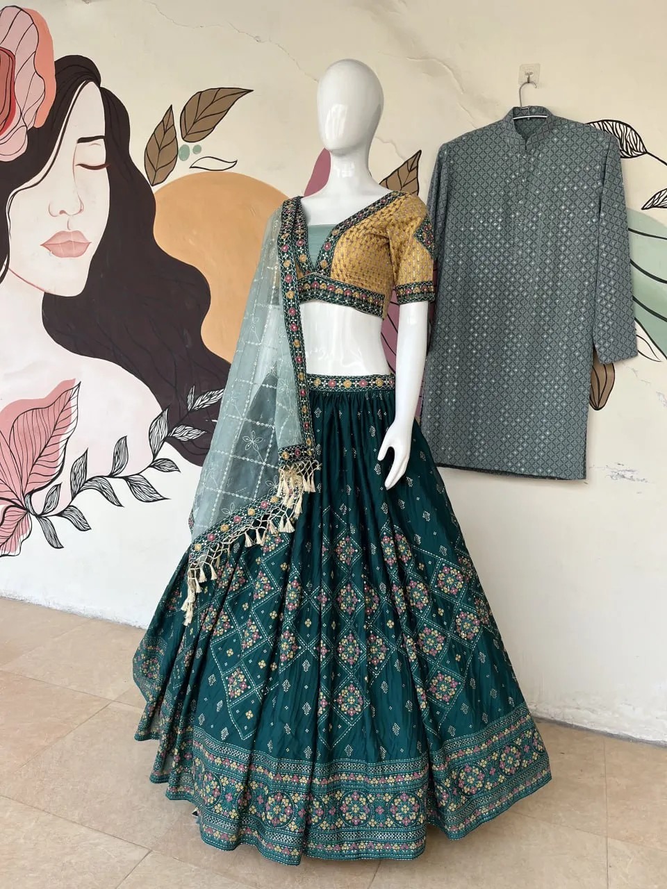 Aqua Green Full Stitched Lehenga Choli Set with Heavy Foil Print and Embroidery Work with Men Kurta Combo