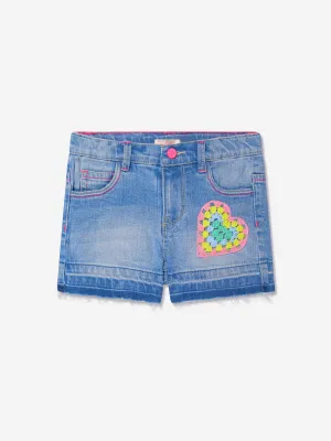 Billieblush Girls Crocheted Heart Denim Shorts in Blue