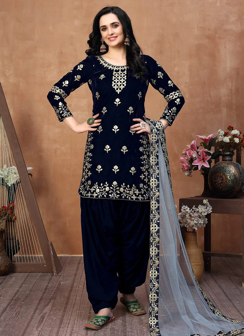 Blue Embroidered Velvet Patiala Punjabi Suit