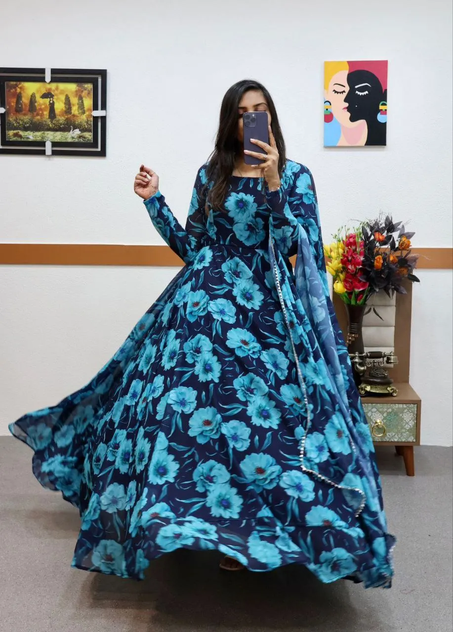 Blue Faux Georgette Floral Dream Anarkali Gown with Digital Print