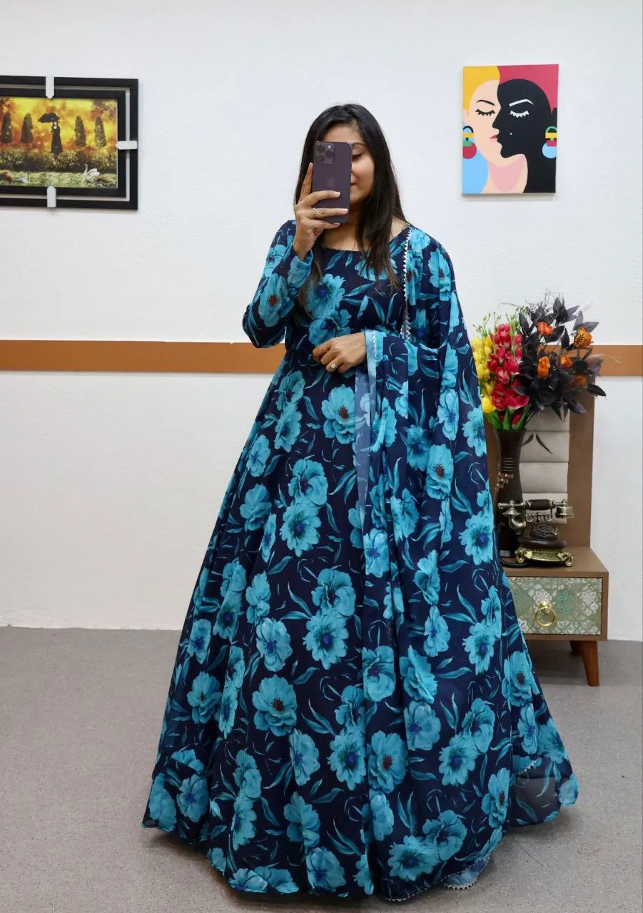 Blue Faux Georgette Floral Dream Anarkali Gown with Digital Print