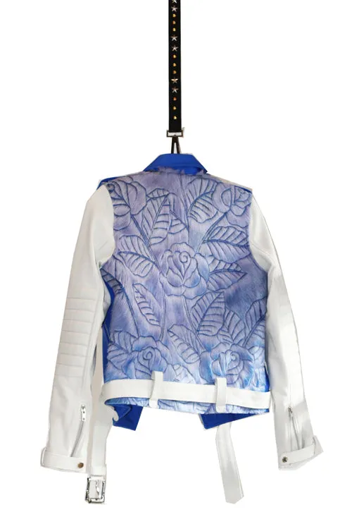 Blue Leather Carved Biker Jacket - Blue and White