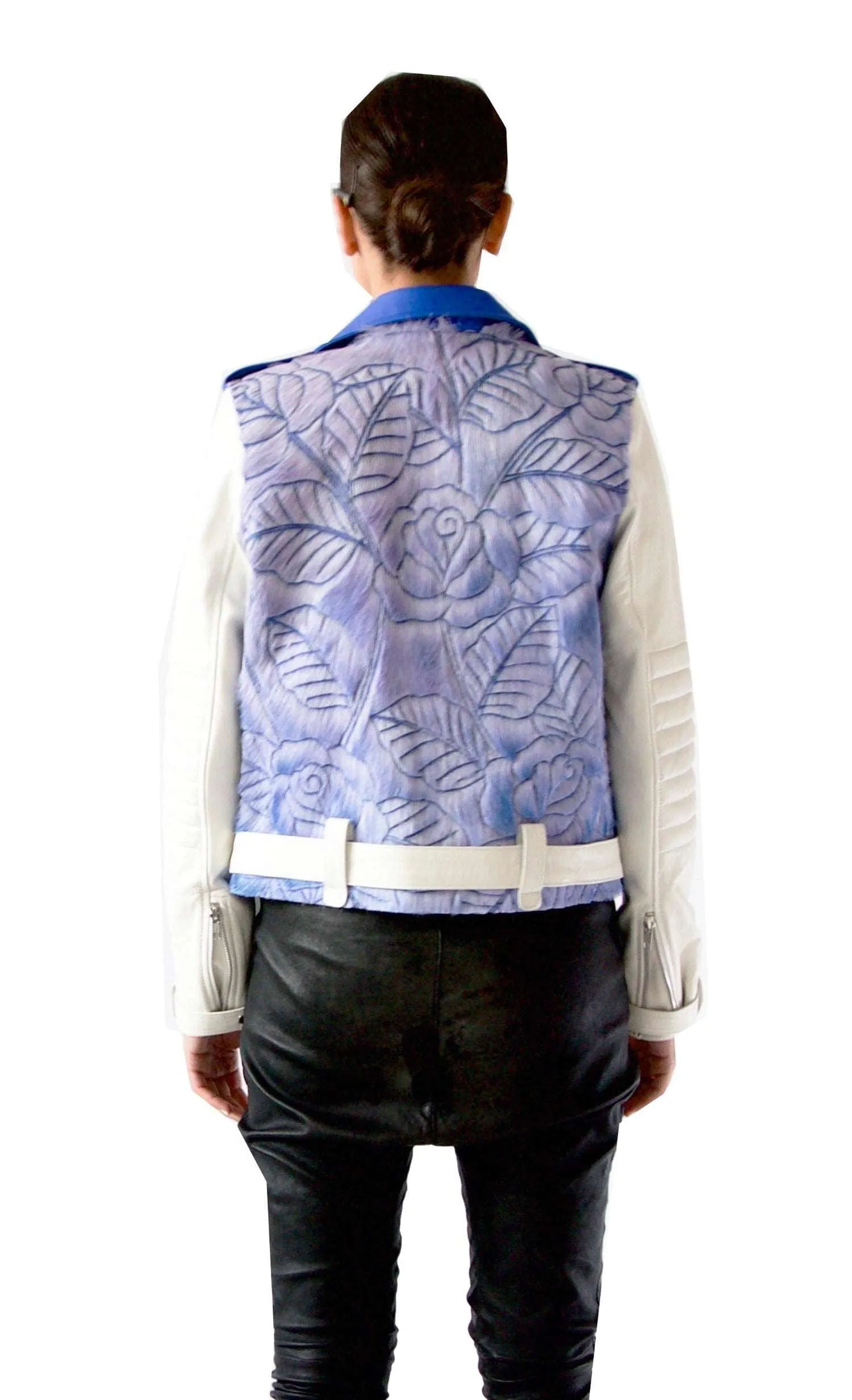 Blue Leather Carved Biker Jacket - Blue and White