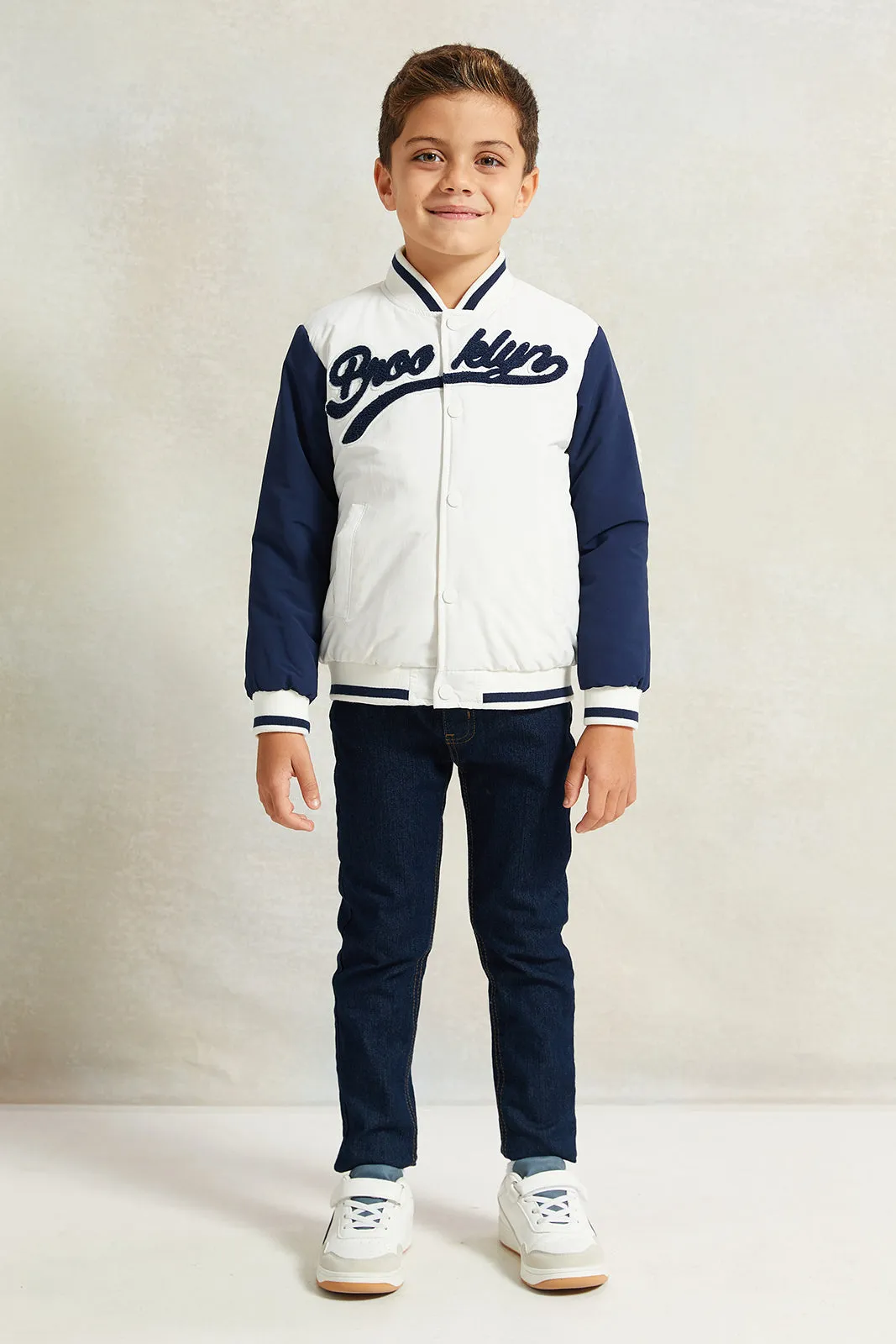 Boys White Printed Baseball Jacket