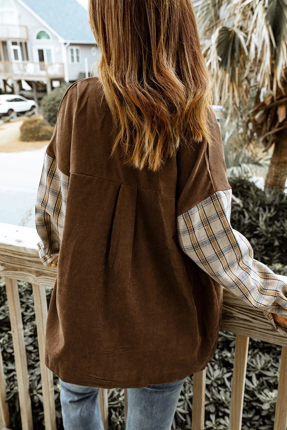 Brown Plaid Patchwork Corduroy Shirt Jacket With Pocket