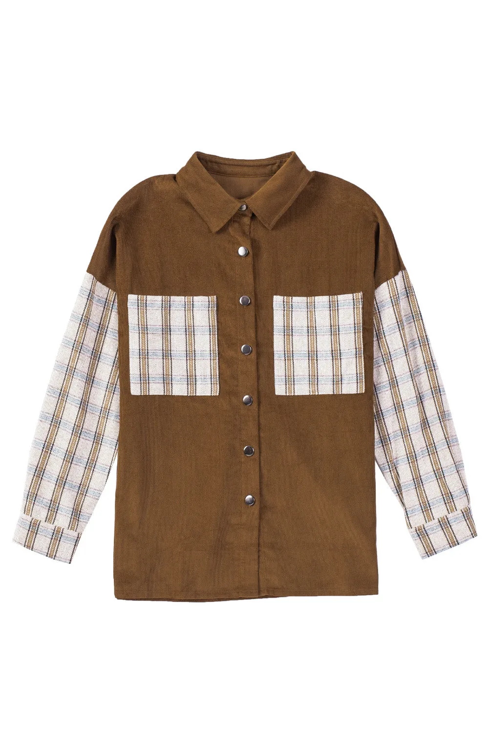 Brown Plaid Patchwork Corduroy Shirt Jacket With Pocket