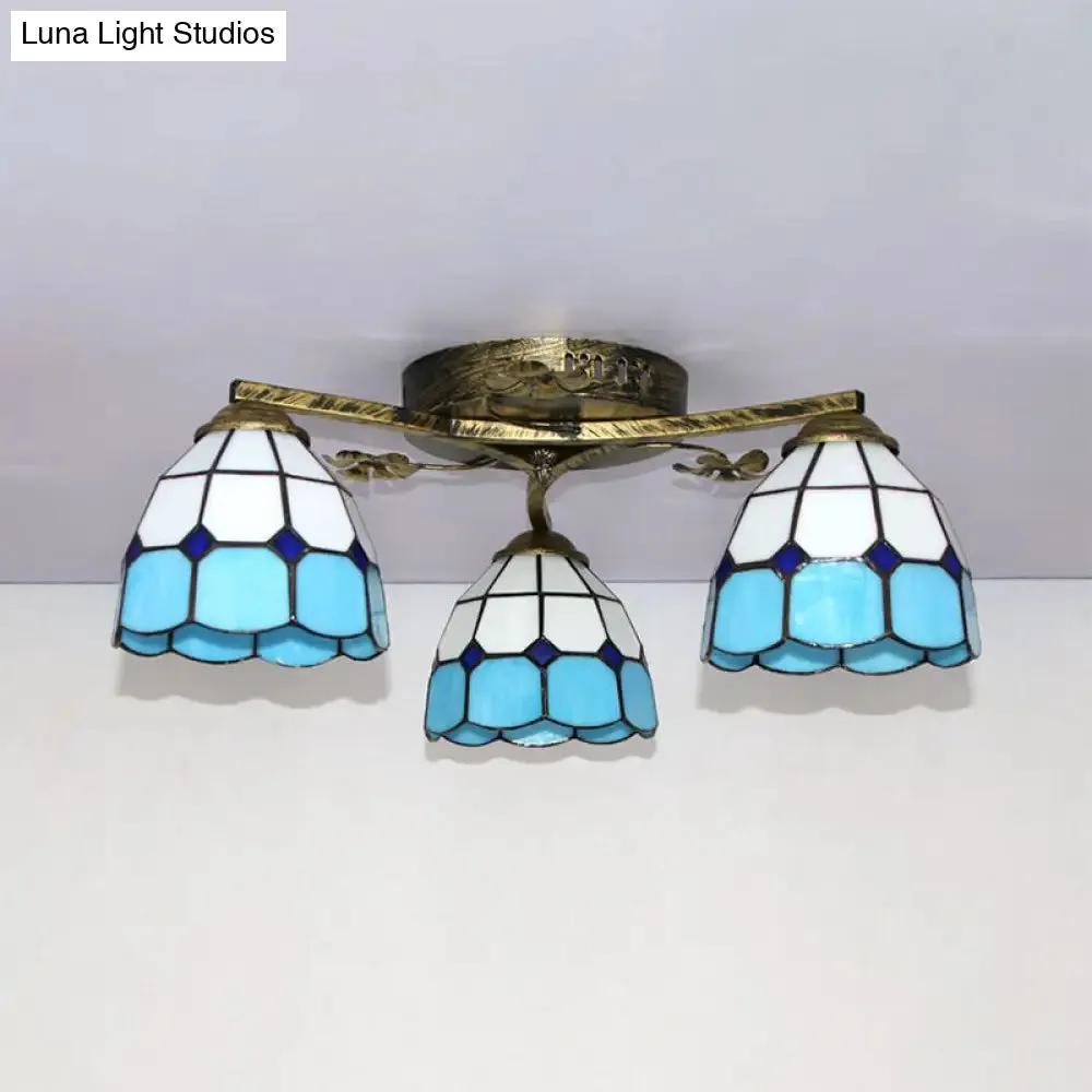 Country Style 3-Light Stained Glass Ceiling Light with Scalloped Edges in Blue and Clear