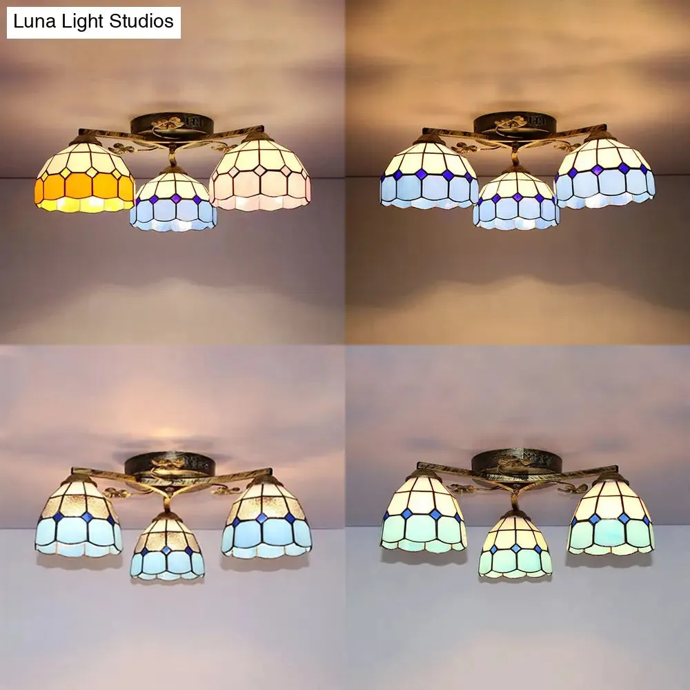 Country Style 3-Light Stained Glass Ceiling Light with Scalloped Edges in Blue and Clear