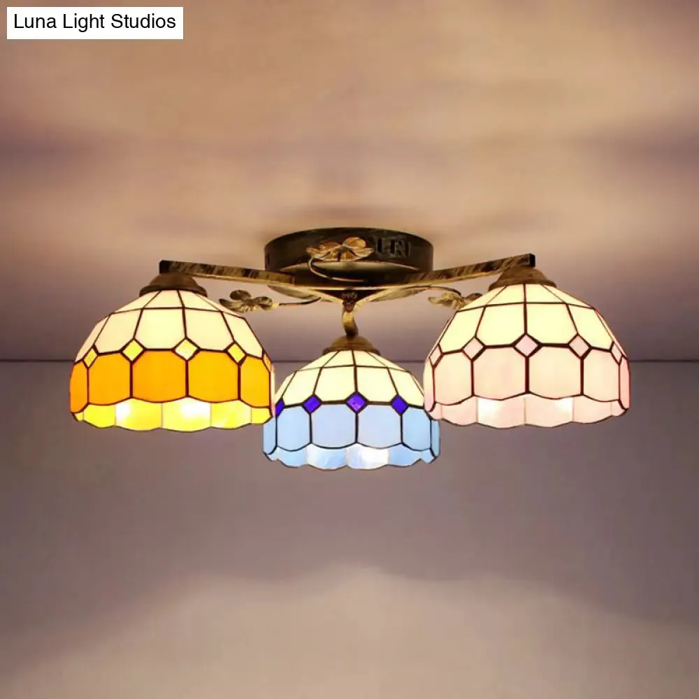 Country Style 3-Light Stained Glass Ceiling Light with Scalloped Edges in Blue and Clear