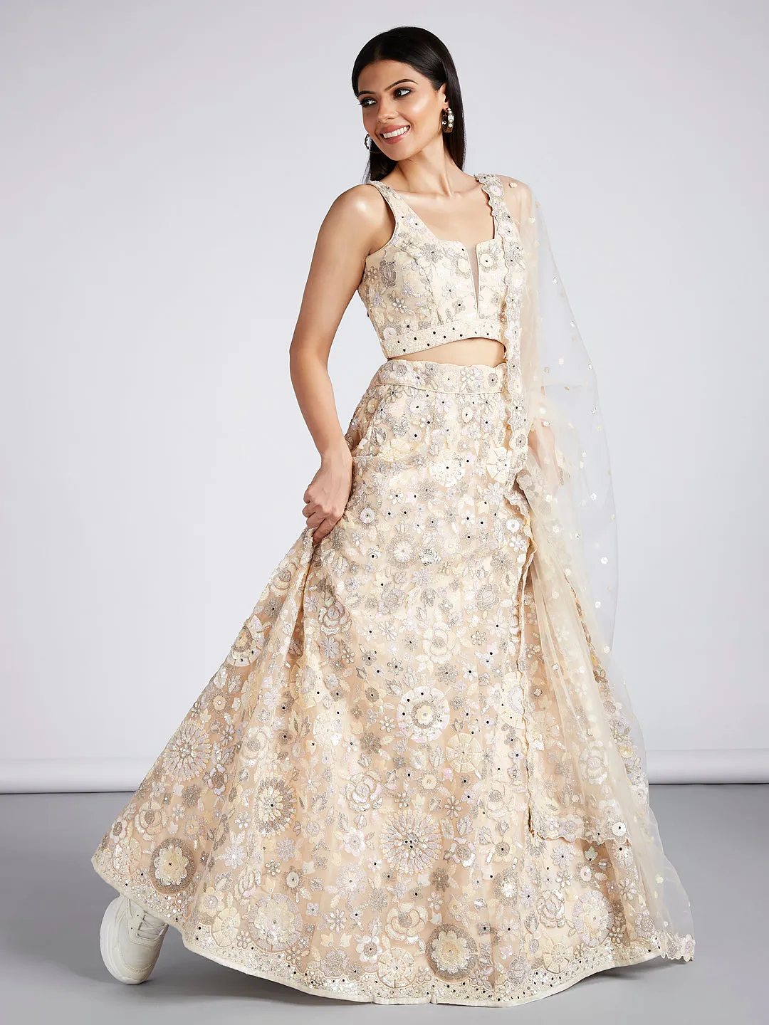 Cream Net Sequins, Mirror and thread embroidery Semi-Stitched Lehenga choli & Dupatta