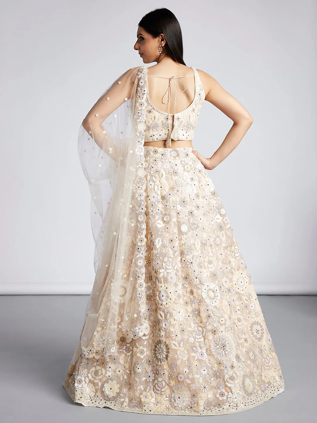 Cream Net Sequins, Mirror and thread embroidery Semi-Stitched Lehenga choli & Dupatta