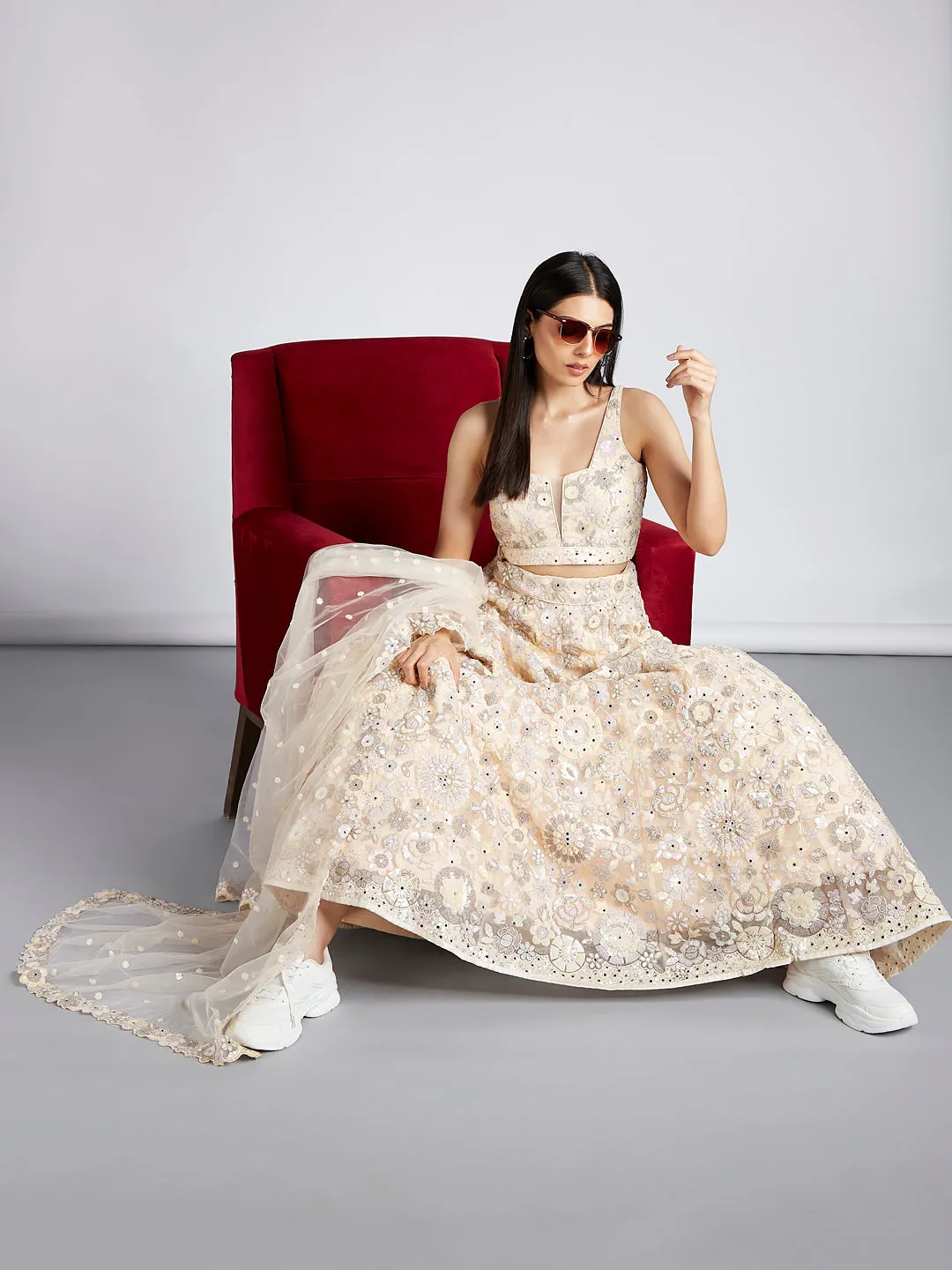 Cream Net Sequins, Mirror and thread embroidery Semi-Stitched Lehenga choli & Dupatta