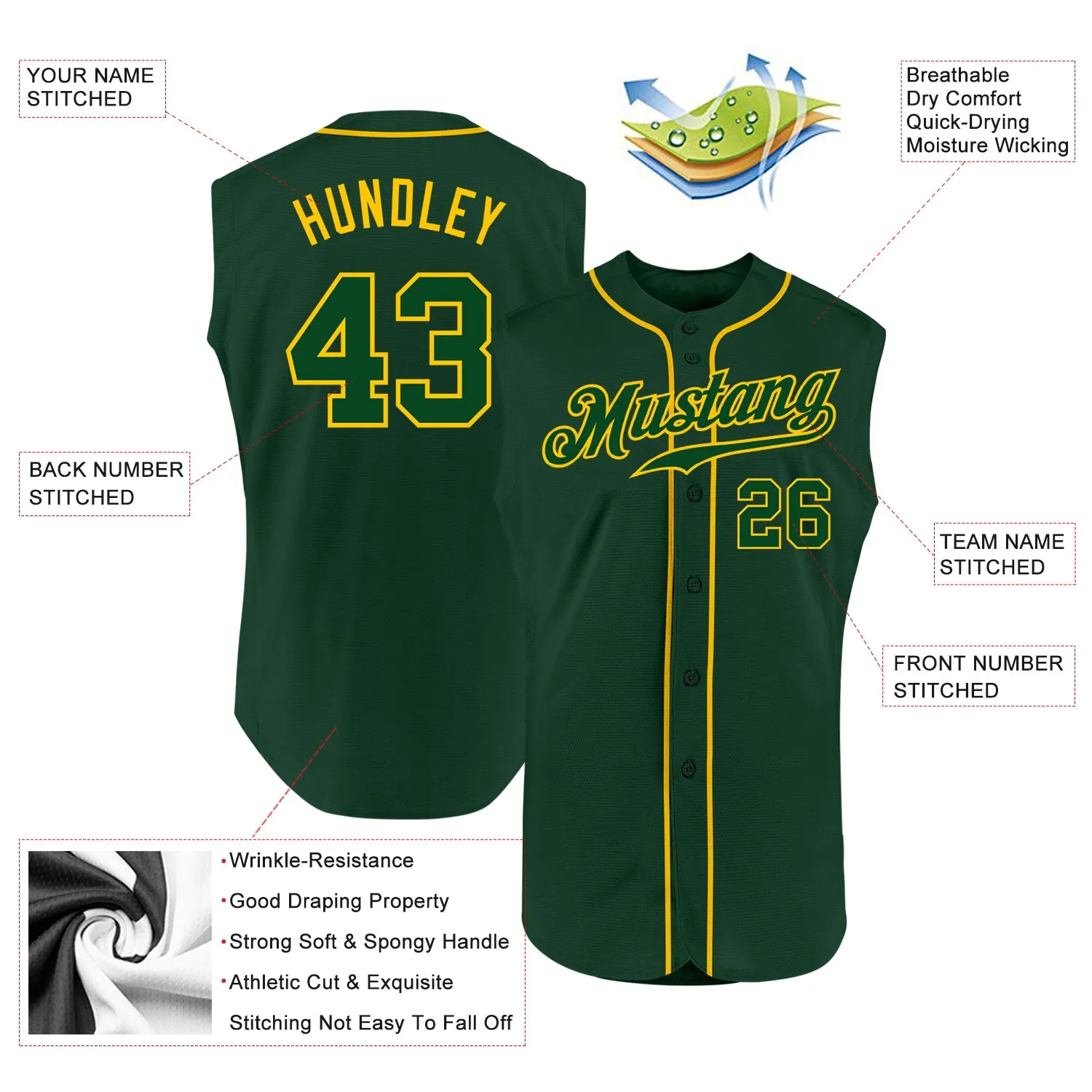 Custom Green Green-Gold Authentic Sleeveless Baseball Jersey