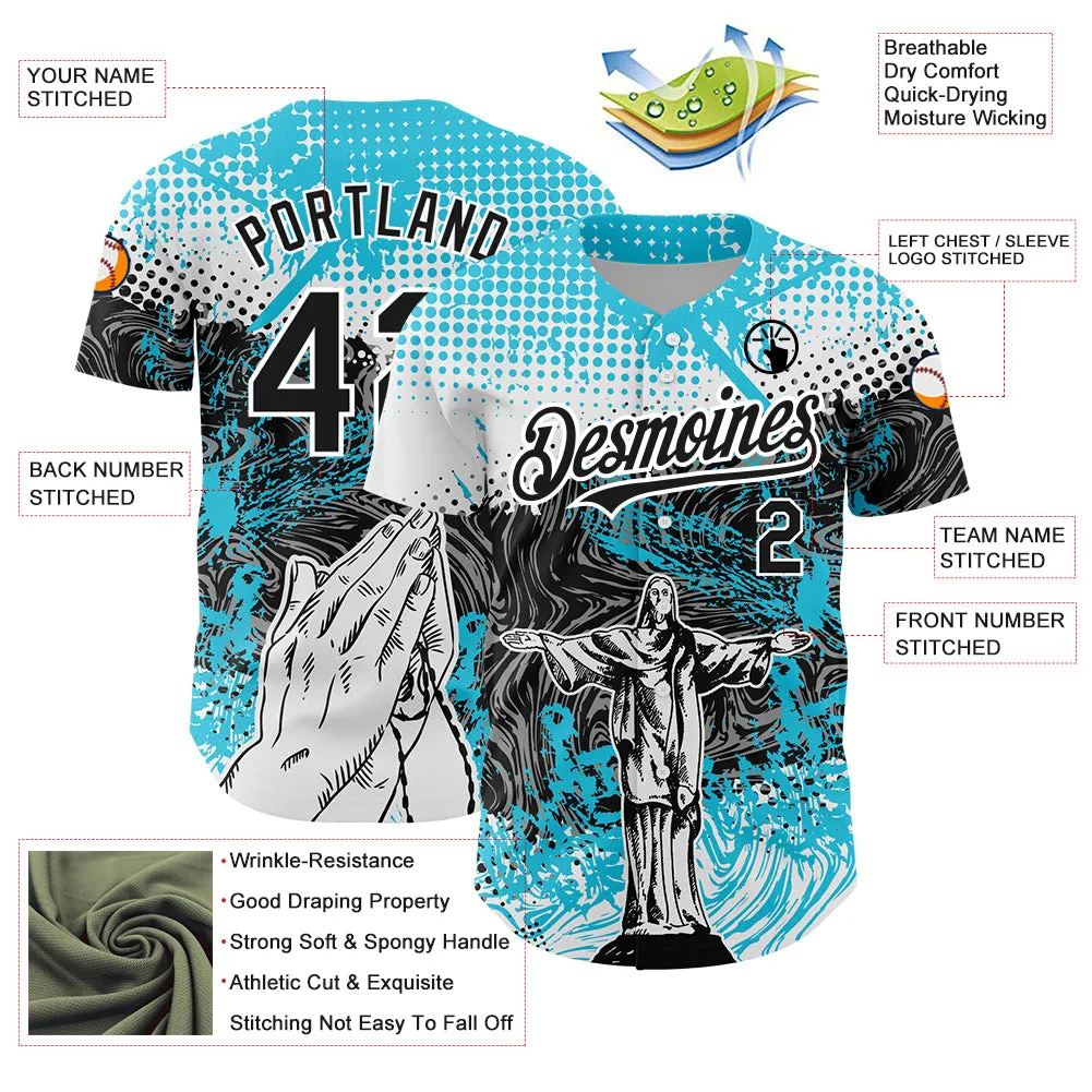 Custom Light Blue Black-White 3D Pattern Design Religion Jesus Christ Authentic Baseball Jersey