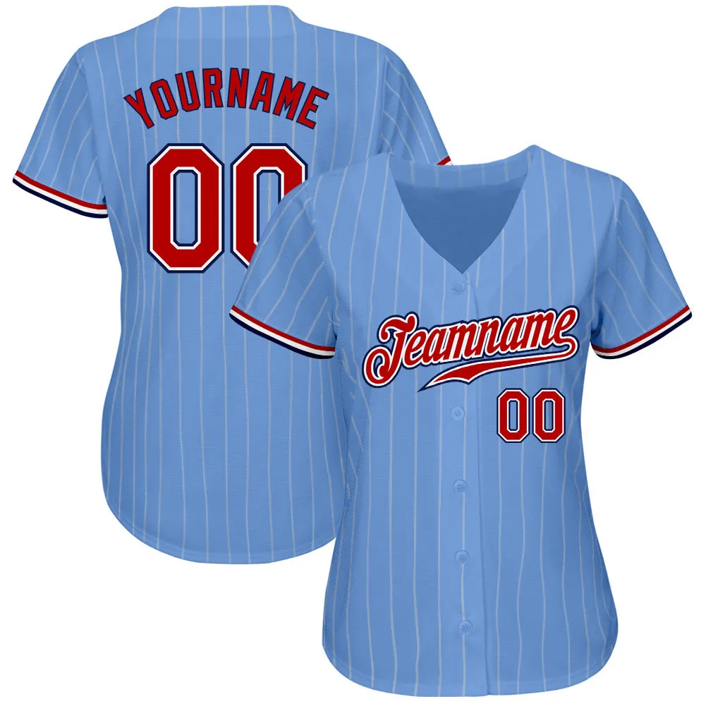 Custom Light Blue White Pinstripe Red-Navy Authentic Baseball Jersey