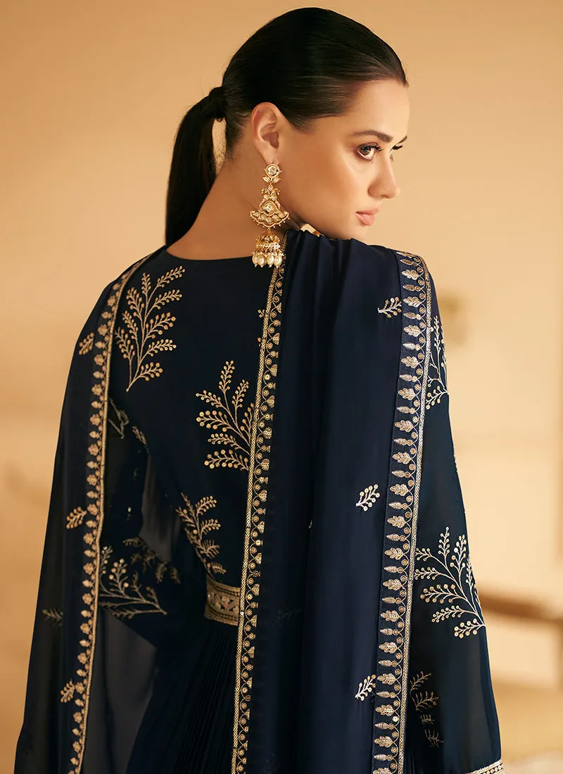 Dark Blue Sequence Embroidery Wedding Anarkali Gown