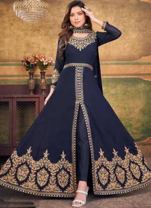 Dark Blue Slit Style Embroidered Anarkali Pants Suit