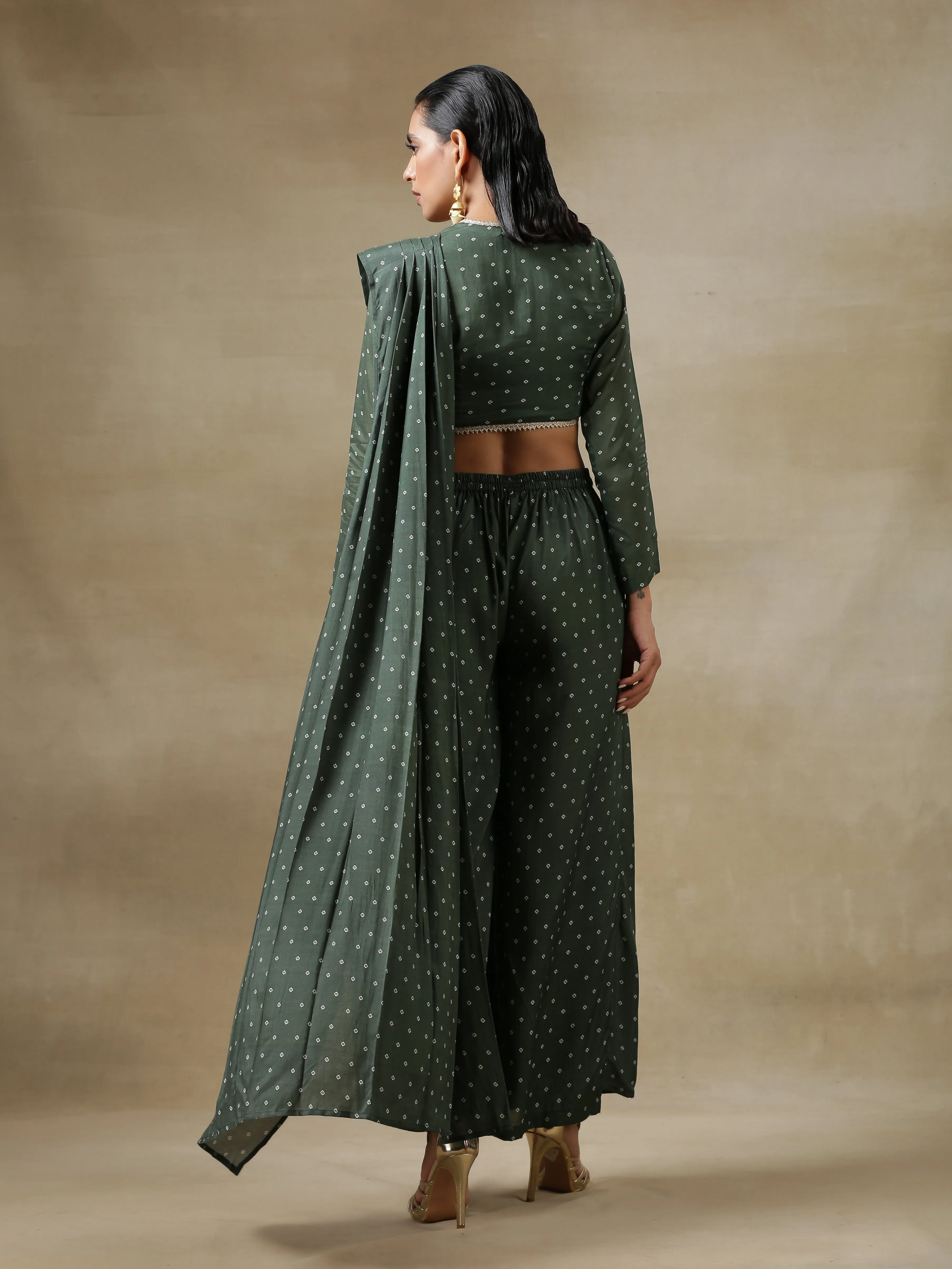 Dark Green Bandhani Printed Silk Ready To Wear Palazzo Saree