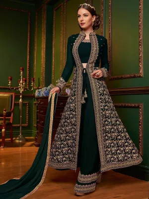 Dark Green Ethnic Embroidered Jacket Style Palazzo Suit