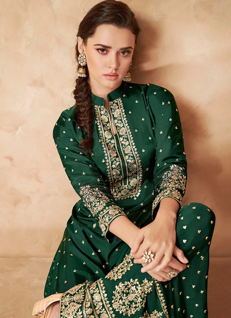 Dark Green Golden Zari Embroidered Sharara Style Suit