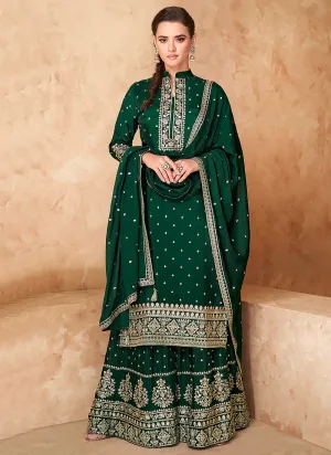 Dark Green Golden Zari Embroidered Sharara Style Suit