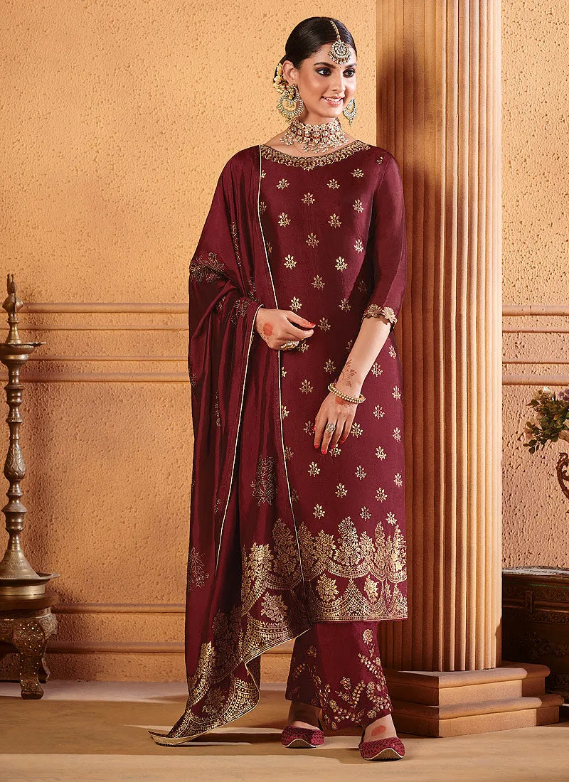 Deep Red Zari Embroidered Palazzo Suit