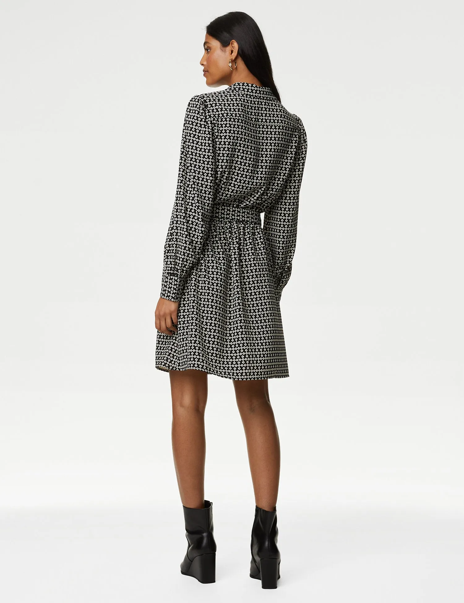 Geometric Tie Neck Belted Mini Shirt Dress