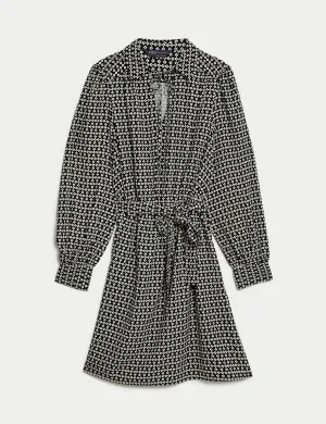 Geometric Tie Neck Belted Mini Shirt Dress