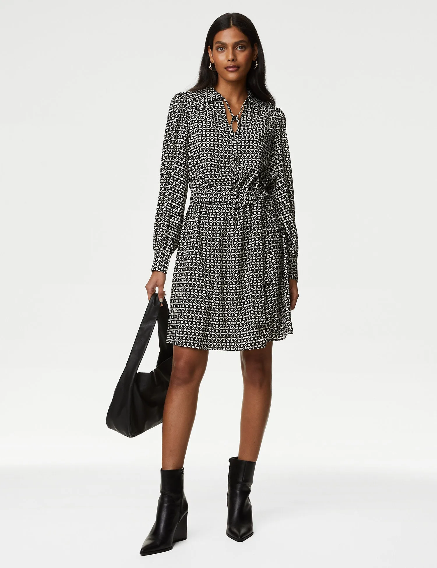 Geometric Tie Neck Belted Mini Shirt Dress