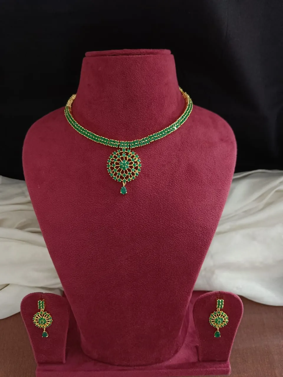 Gold-plated Zircon Necklace Set in Green, Ruby & Black