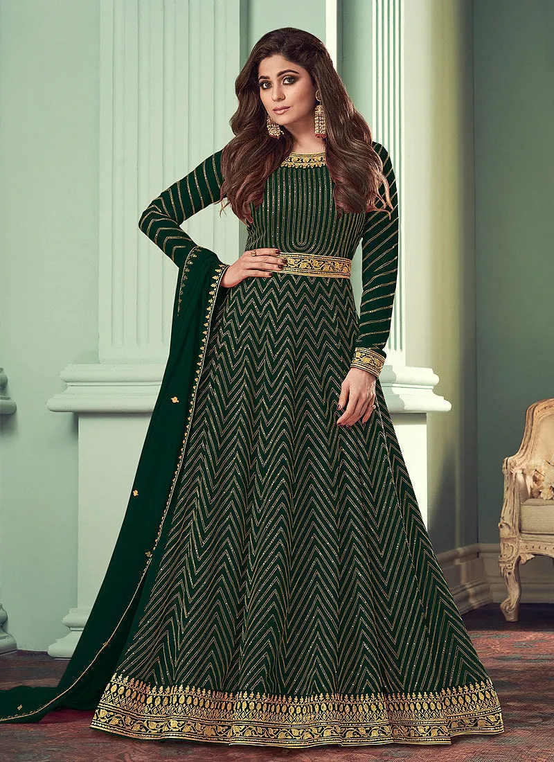 Green Golden Embroidered Belt Style Anarkali Suit