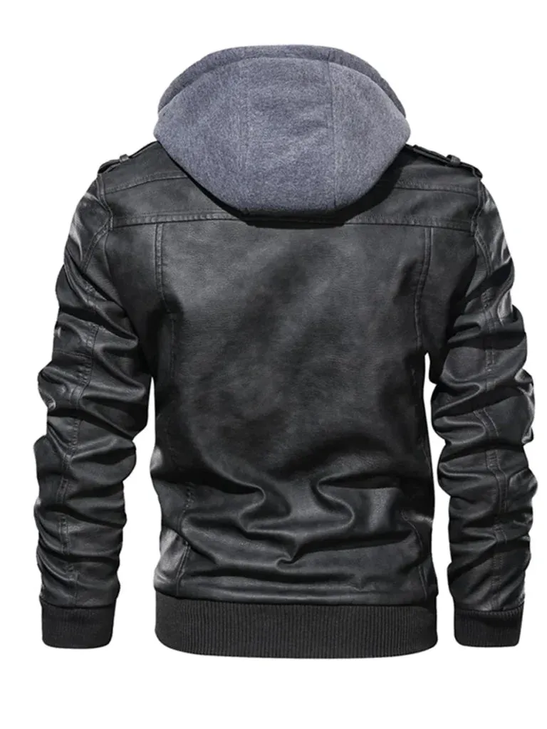 Grey Hood Bomber Style Leather Jacket