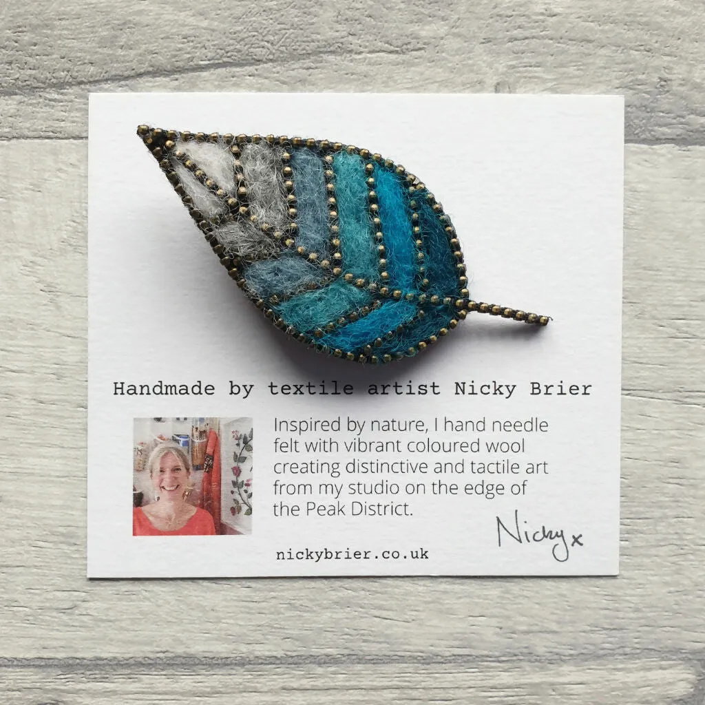 Hand Felted Leaf Brooch With Zip Edge Detail - Ice Blues