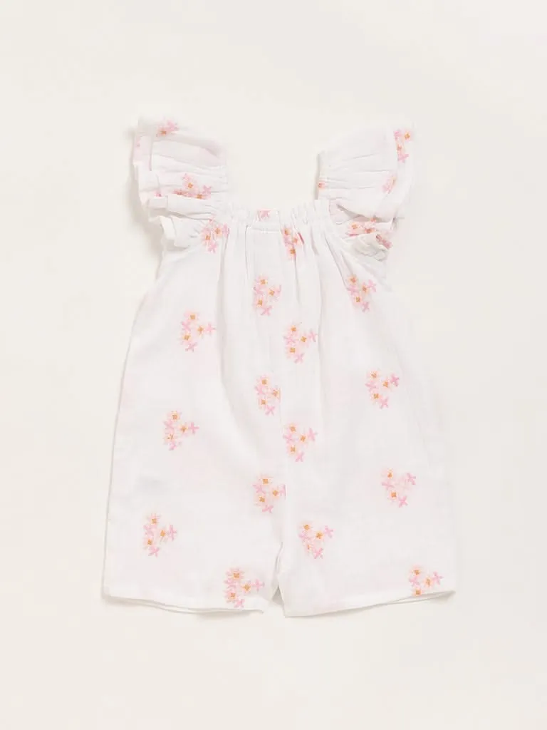 HOP Baby White Embroidered Playsuit