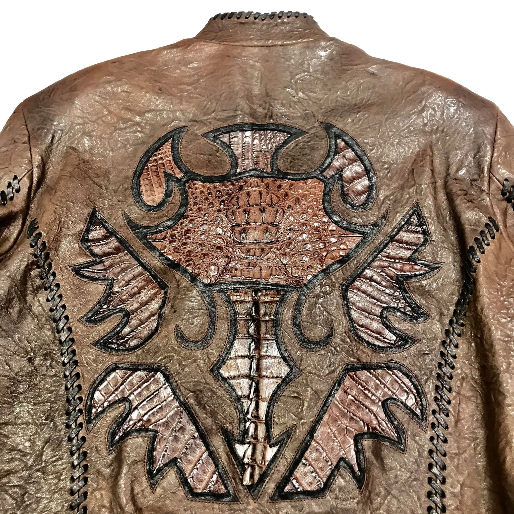 Kashani Brown Raw Laced Horn-Back Alligator Bomber Jacket