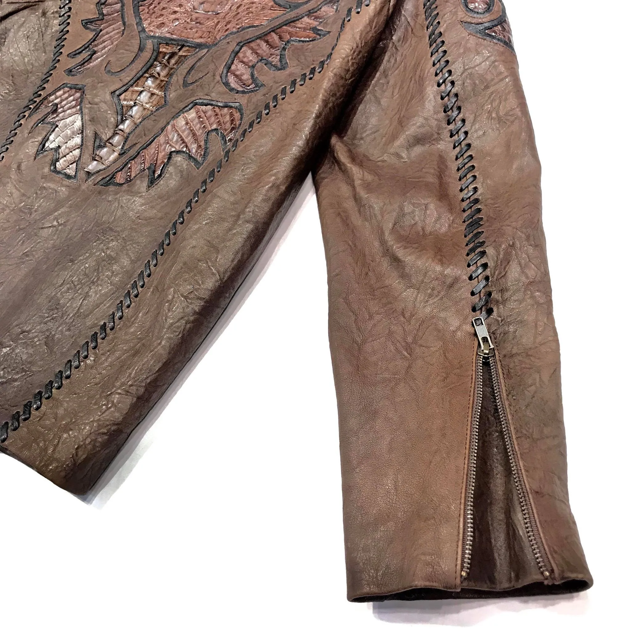 Kashani Brown Raw Laced Horn-Back Alligator Bomber Jacket