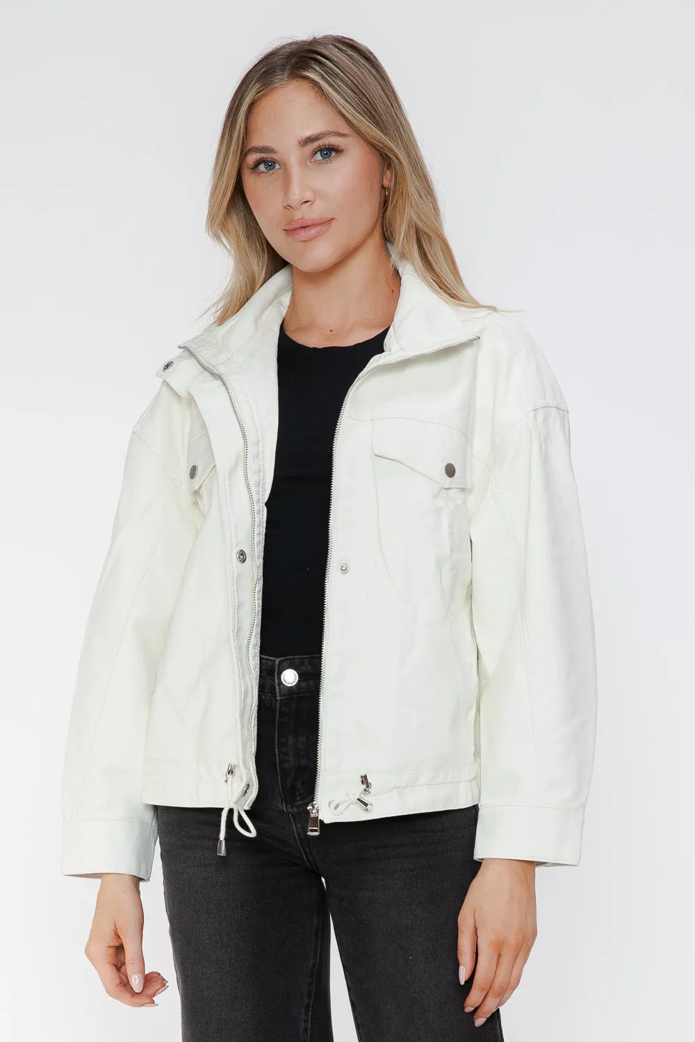 kesley How Dare U Drawstring Hem PU Leather Zip Up Jacket