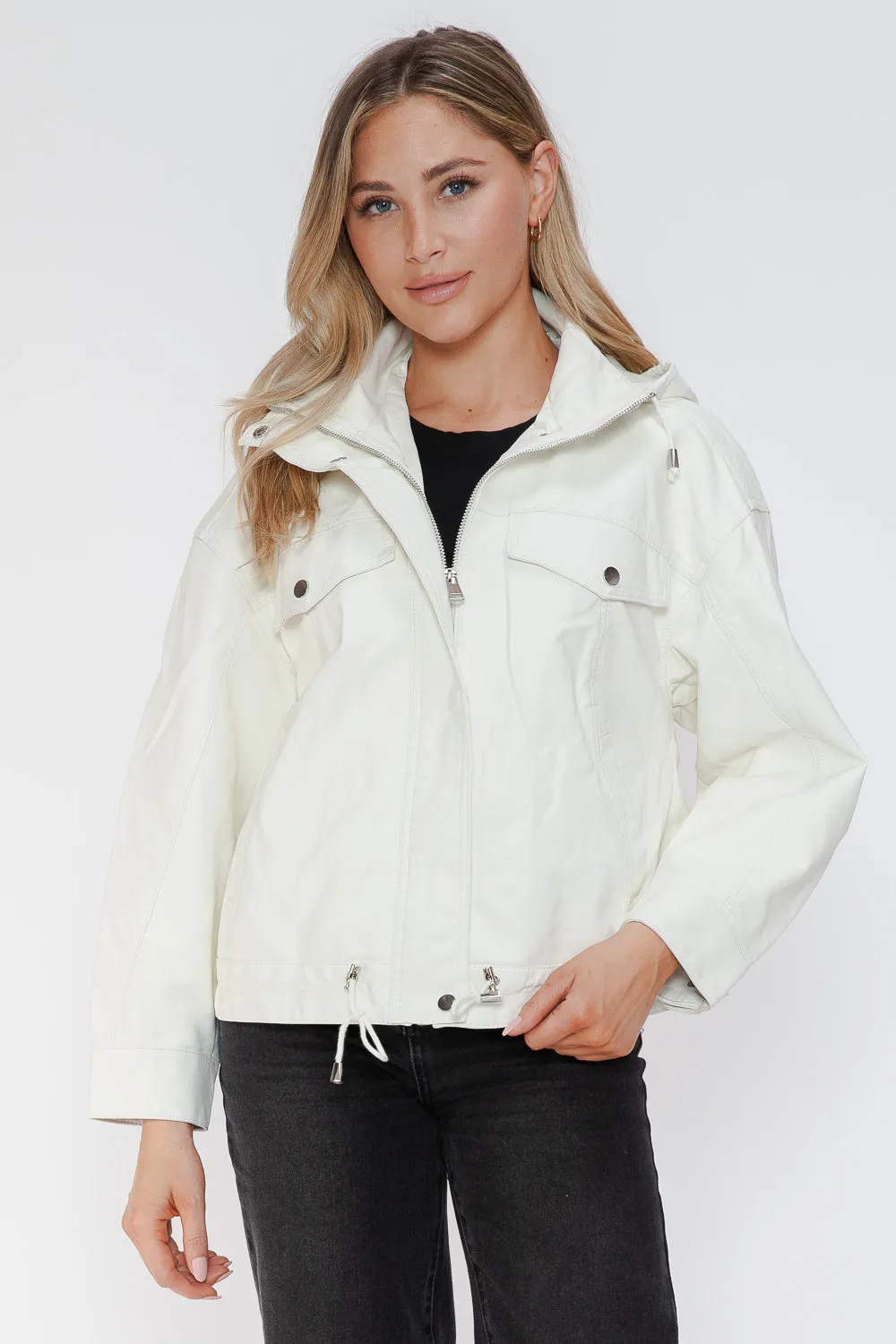 kesley How Dare U Drawstring Hem PU Leather Zip Up Jacket