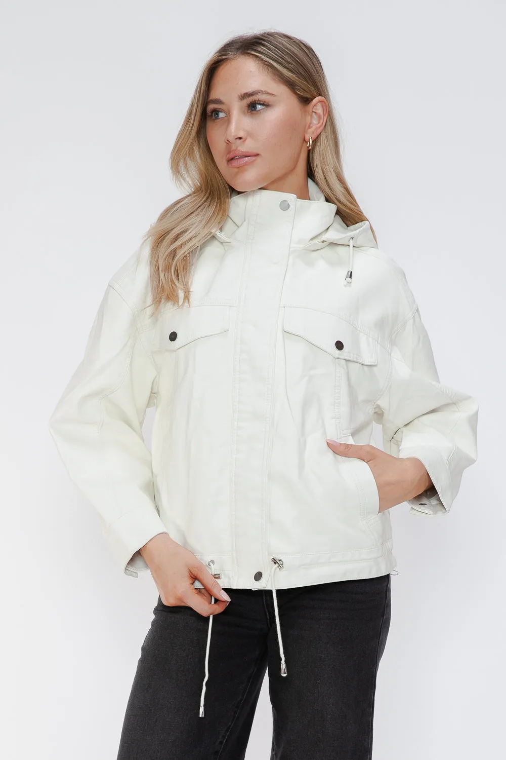 kesley How Dare U Drawstring Hem PU Leather Zip Up Jacket