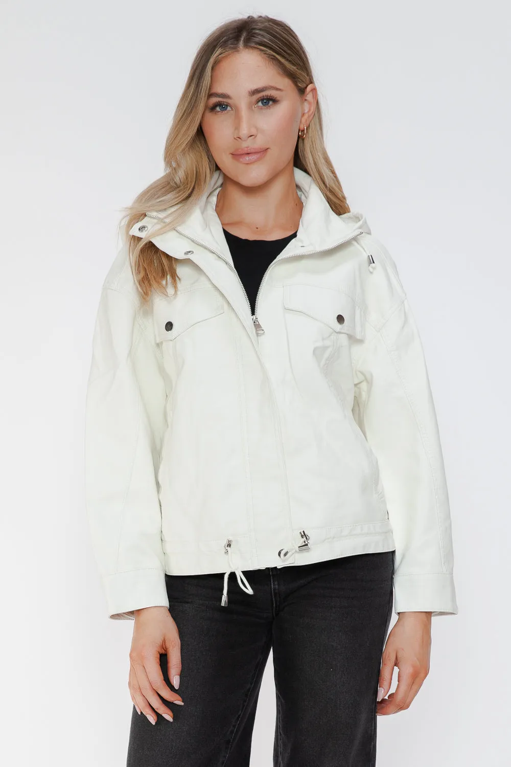 kesley How Dare U Drawstring Hem PU Leather Zip Up Jacket