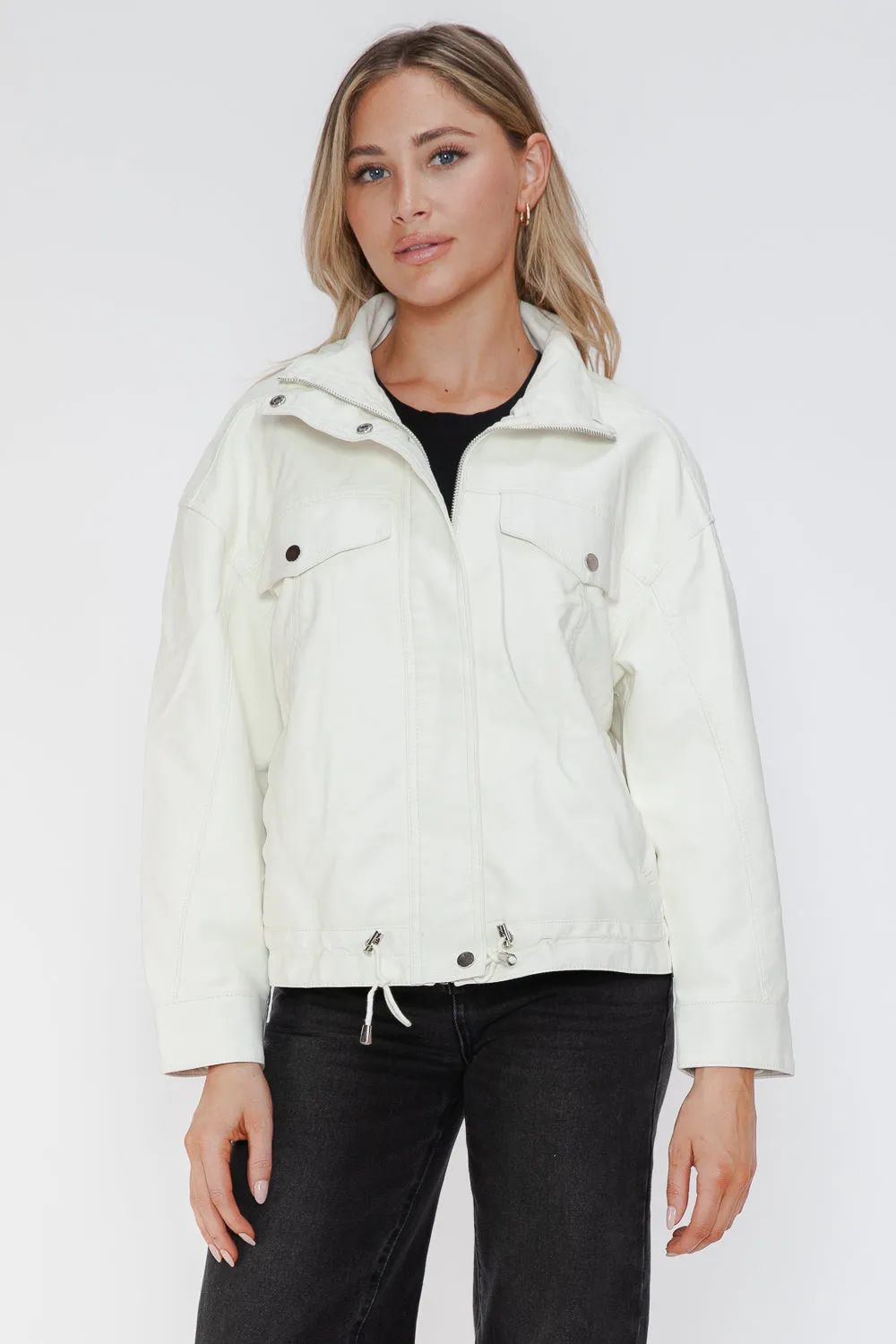 kesley How Dare U Drawstring Hem PU Leather Zip Up Jacket