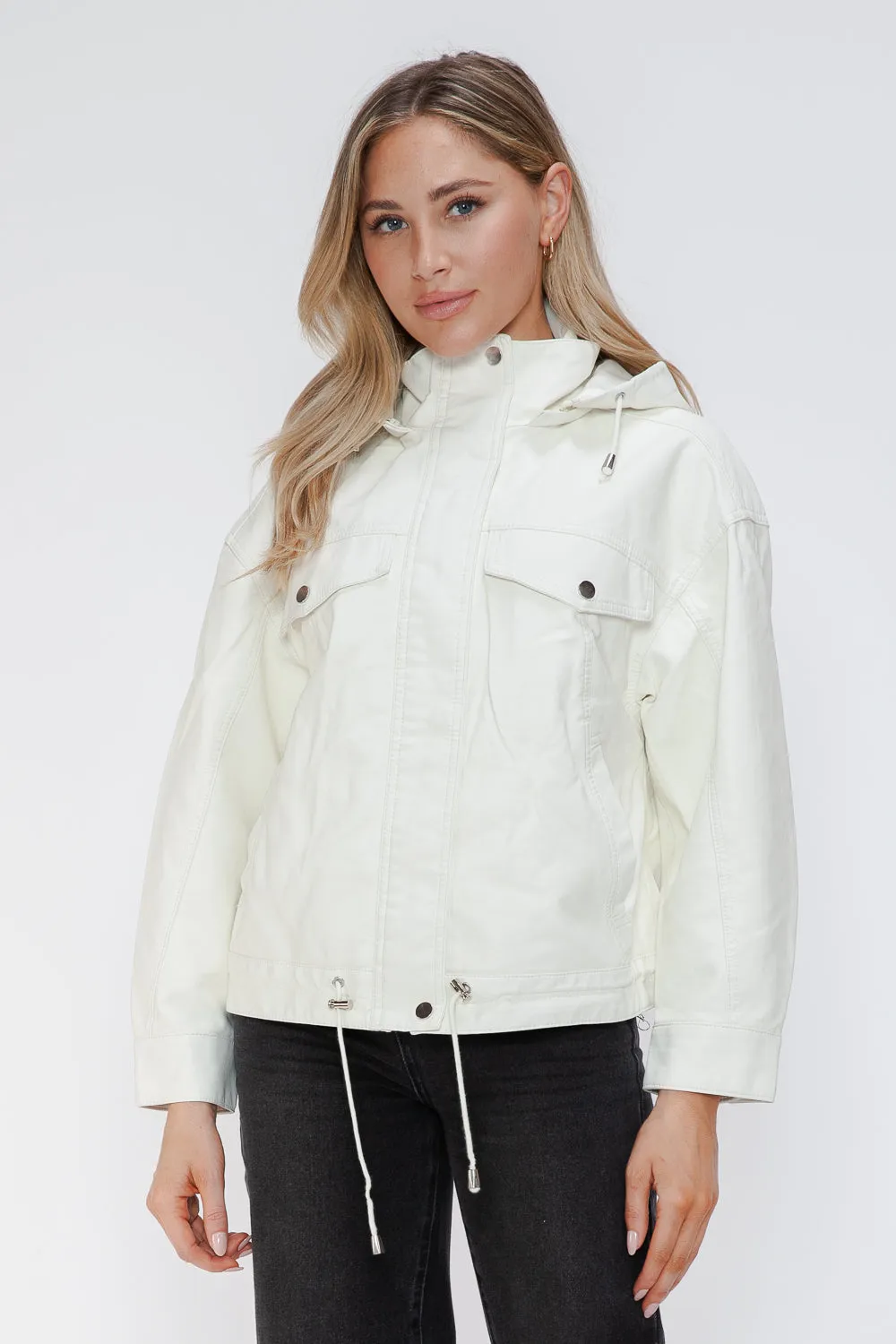 kesley How Dare U Drawstring Hem PU Leather Zip Up Jacket