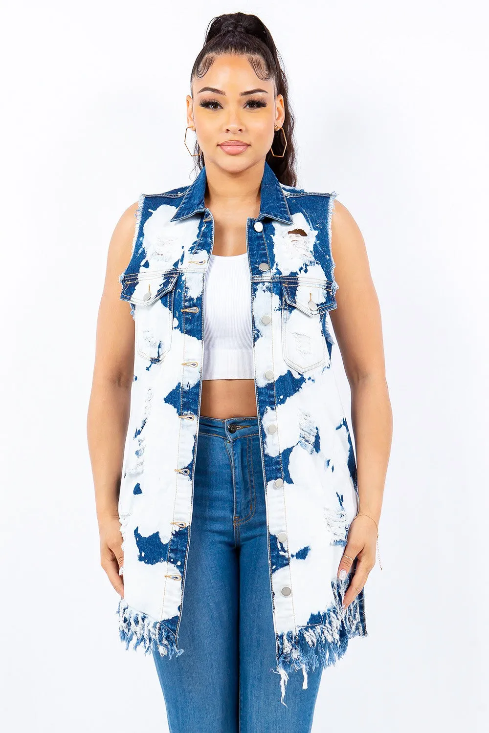 KESLEY Ripped Sleeveless Jean Jacket  Distressed Frayed Edge Longline Denim Vest