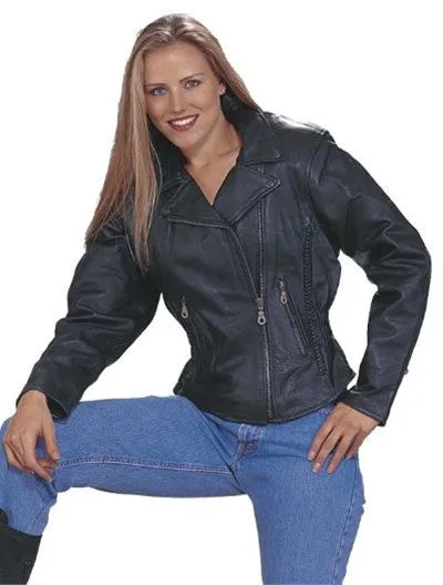 Ladies Classic Split Leather Patrol Style Motorcycle Jacket Braid Trim