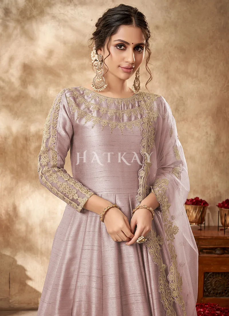 Lavender Zari Embroidered Traditional Silk Anarkali