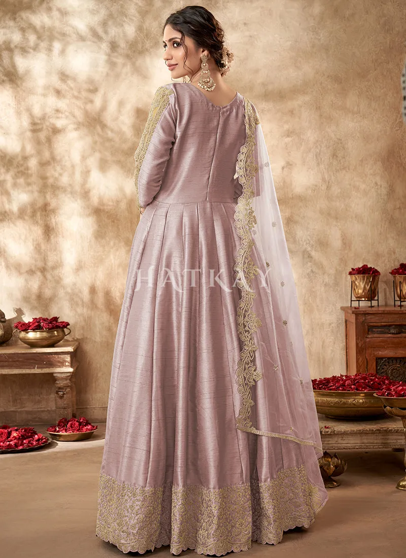 Lavender Zari Embroidered Traditional Silk Anarkali